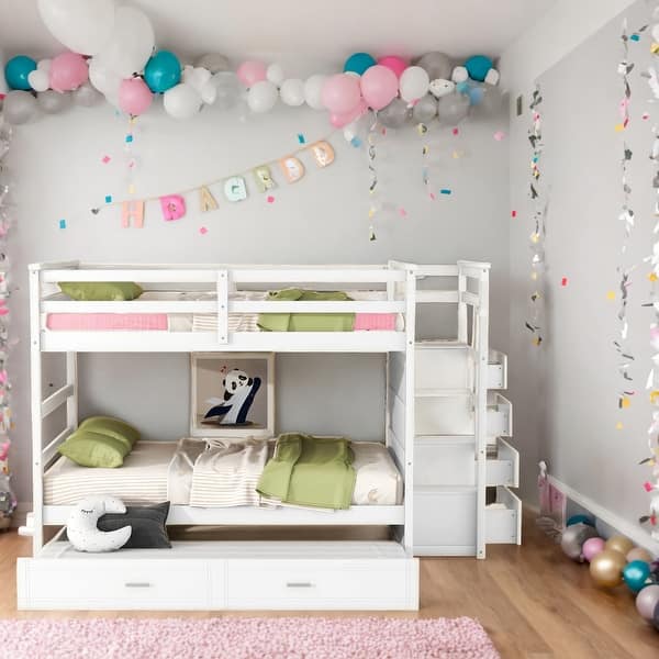 slide 2 of 12, Multifunctional Design Full over Full Bunk Bed with Twin Size Trundle and Staircase White