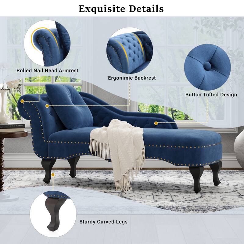 Christopher Knight Home - Bressi Modern Velvet Upholstered Chaise Lounge with Tufted Backrest, Nailhead Trim & Pillow