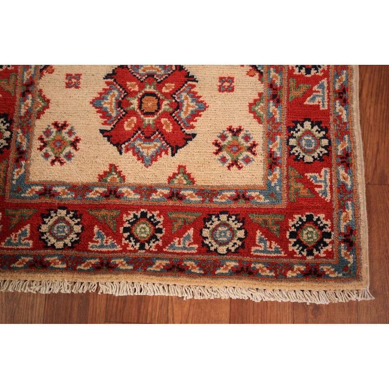 Geometric Kazak Oriental Foyer Rug Hand-Knotted Beige Wool Carpet - 2'0" x 3'0"