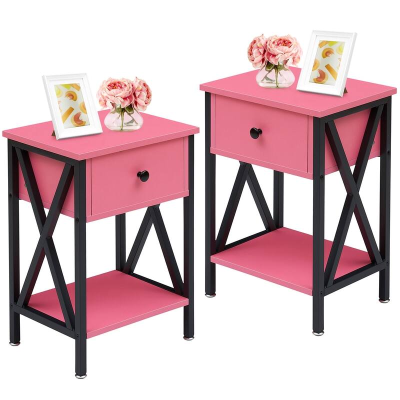 VECELO Mid Century Modern Nightstand with Storage Shelves, Set of 2 Nightstands, End Table/Side Table - Pink