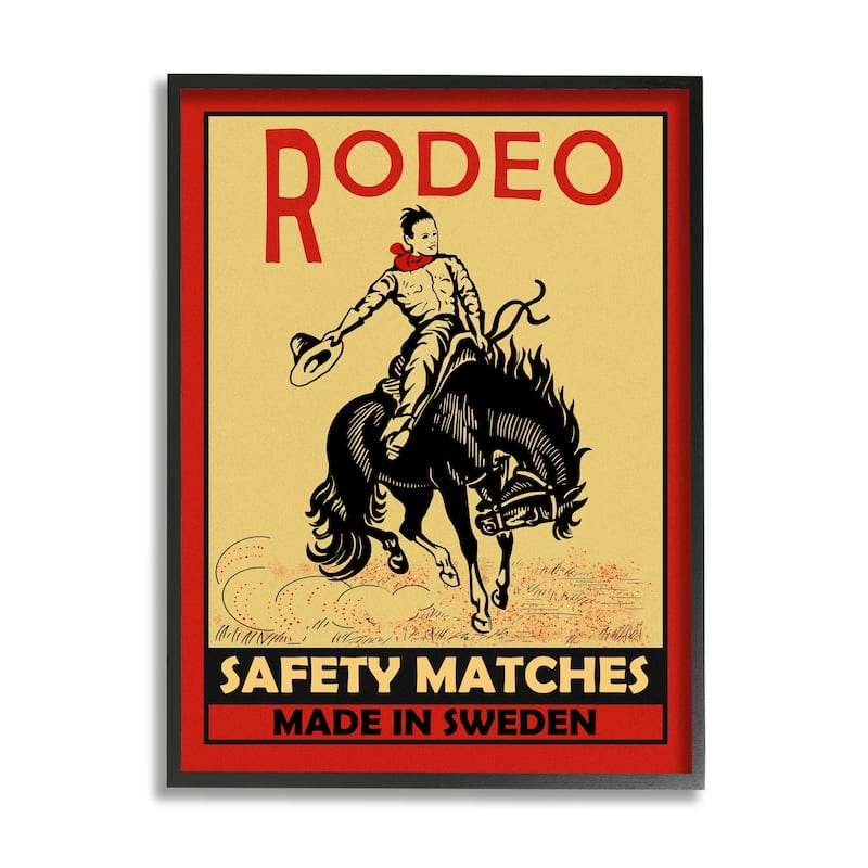 Stupell Rodeo Safety Matches Cowboy Bucking Bronco Red Yellow Framed Wall Art