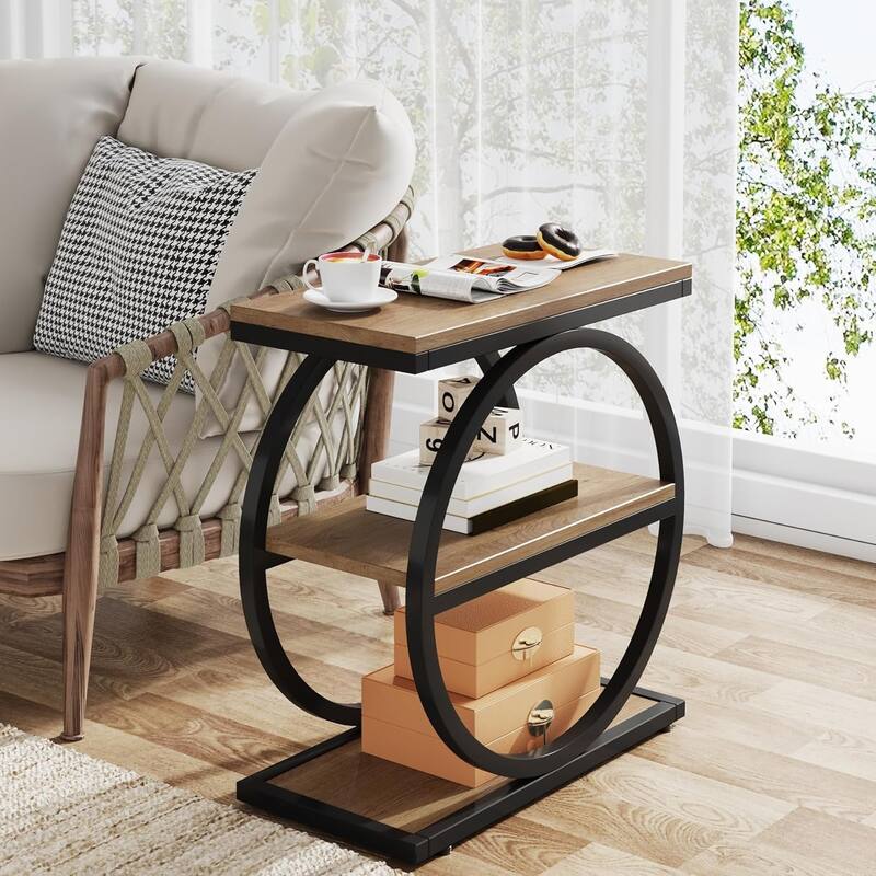 End Table with 3 Storage Shelves, Wood Narrow Side Table