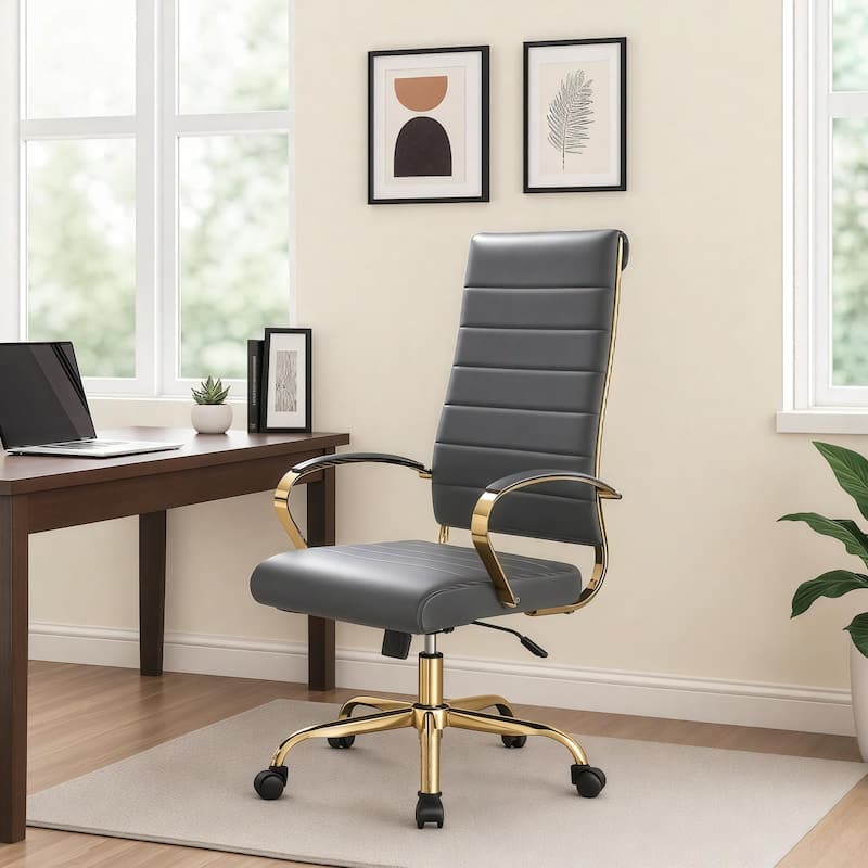 Benmar Ergonomic Ribbed Back Gold Frame Leather Executive Office Chair with Adjustable Height, Tilt, Swivel & Smooth Casters