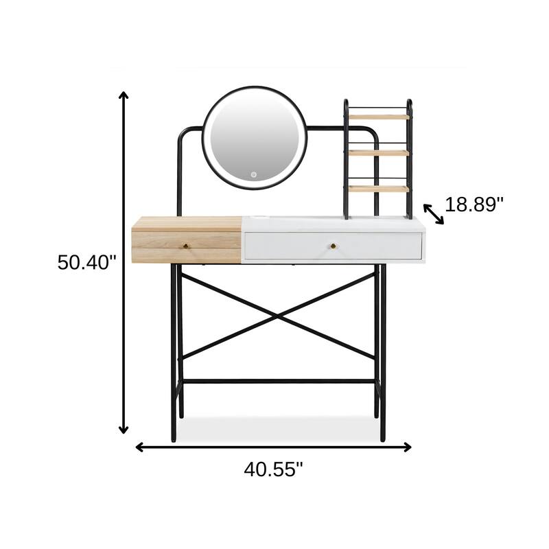 HomeRoots 41" Black Natural And White Wood and Iron Vanity Table With Mirror And Lights