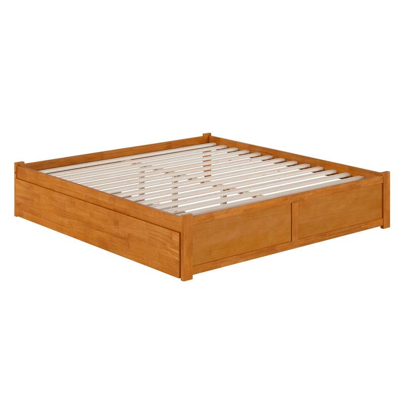 King Size Wood Platform Bed with Trundle - Coastal Cottage Style Bed Frame - Light Toffee Finish