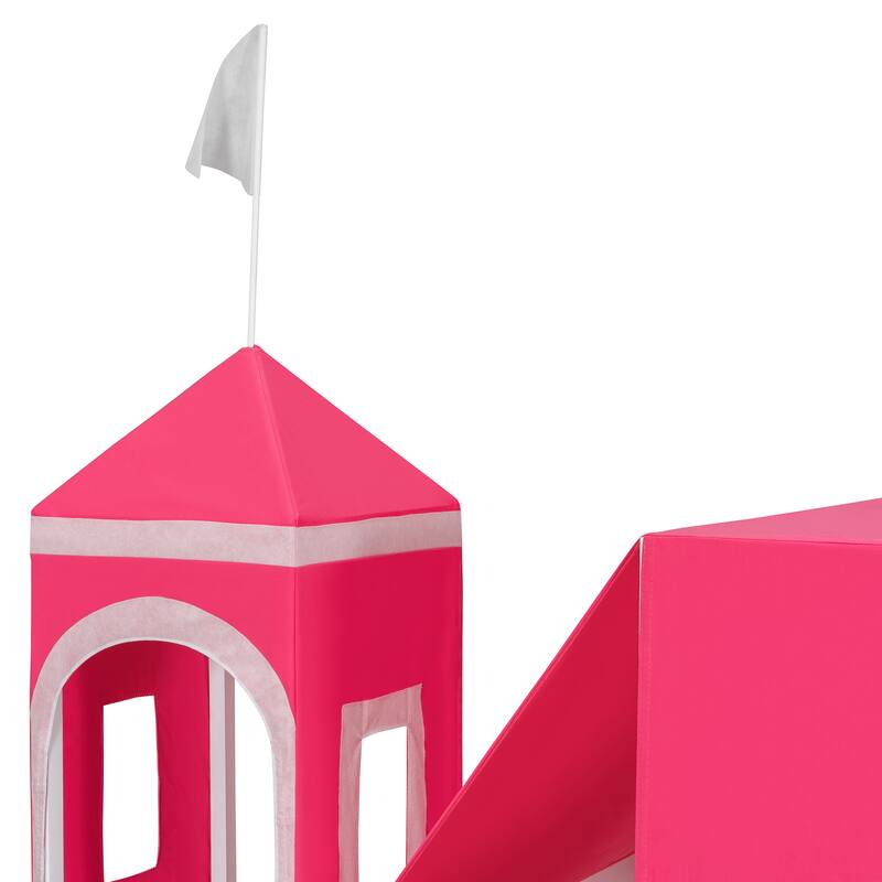 Pink Castle Loft Bed Full Size Bed Tent Frame for Kids with Tower, Slide, Charming window and Semi-enclosed Underbed Space