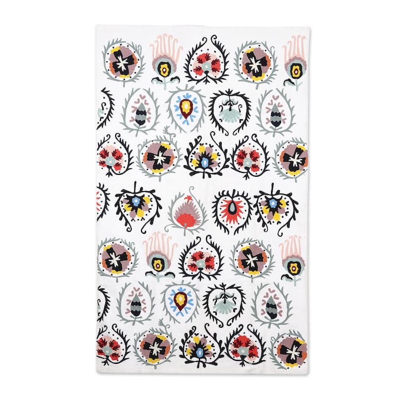 Novica Handmade Blooms Of Kashmir Ii Embroidered Cotton Wall Hanging