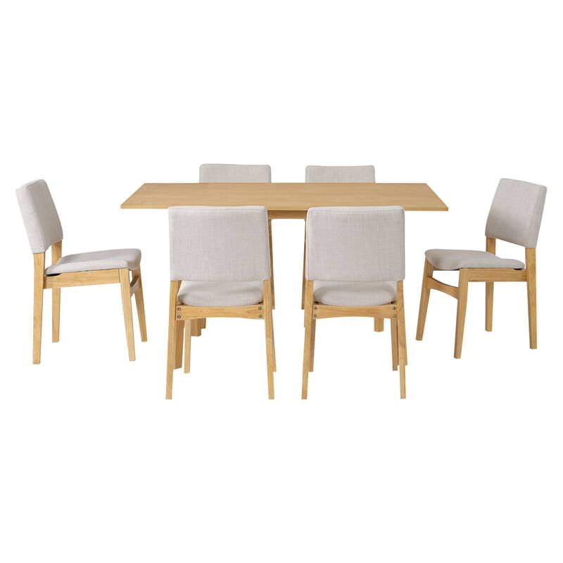 7-Piece Farmhouse Solid Wood Dining Table Set with 6 Upholstered Chairs, 60" Space Saving Dinner Table & Chairs Set