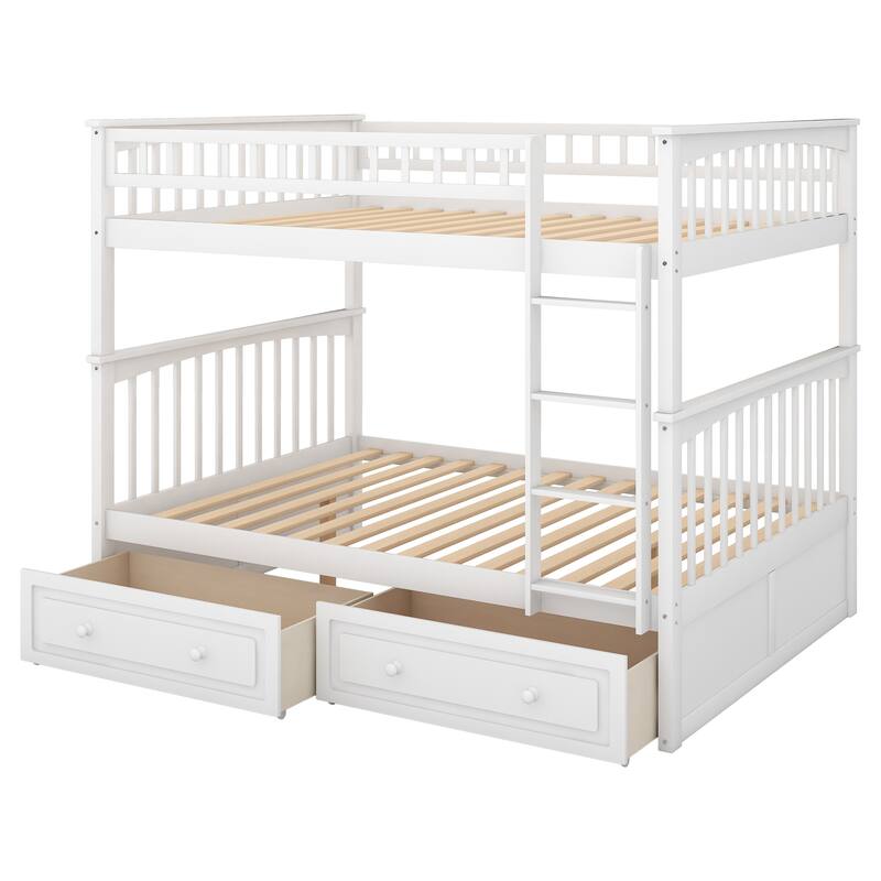 Convertible Full Bunk Bed with Drawers, White, Pine Wood & MDF