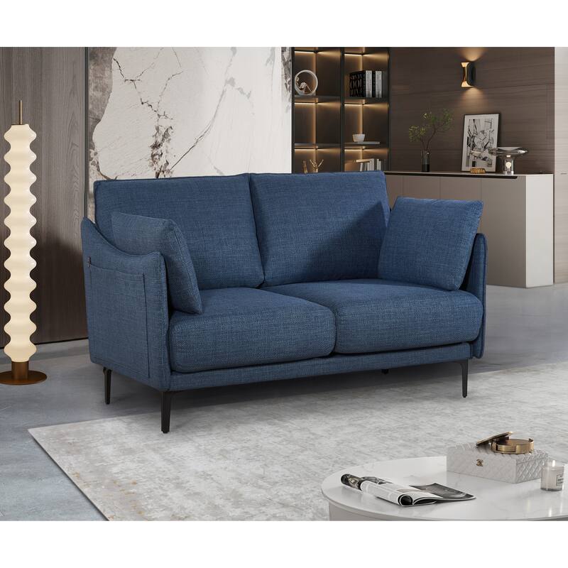 Upholstered Sofa with USB Charge Port & 2 Pillows - Dark Blue-89.5"