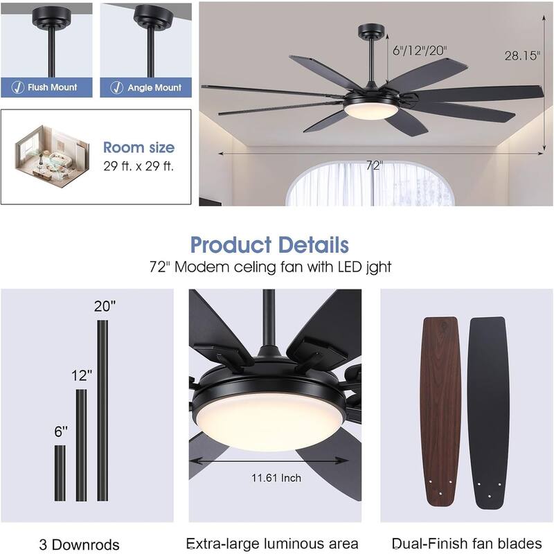 52/66/72 Inch Downrod Ceiling Fan with Light,Plywood Blades,Reversible DC Motor