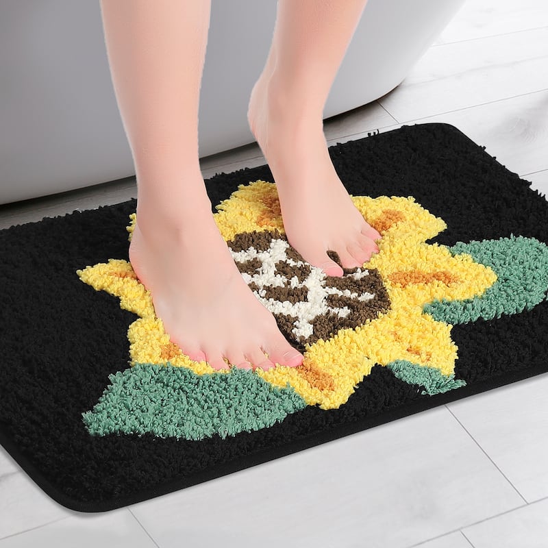 Bathroom Rug, Soft Sunflower Pattern Bath Mat for Bathroom No Slip and Absorbent Rugs Floor Mat - Black