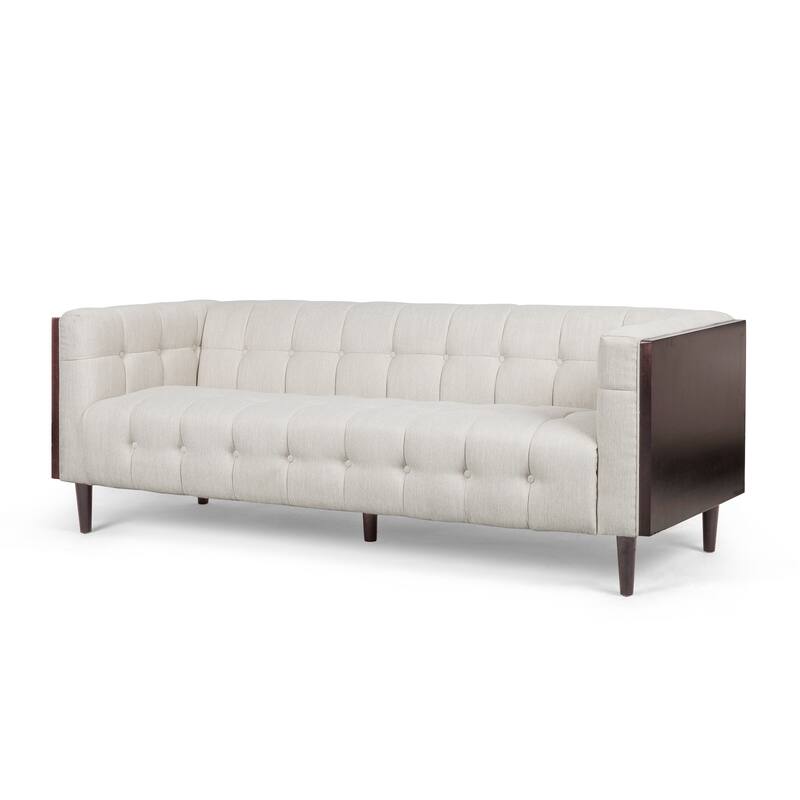 Roomfitters Mid-Century 3-Seater Sofa, Upholstered Tufted Couch for Living Room, Modern Wood-Accent Design, Beige