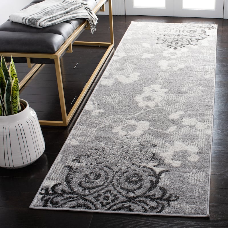 SAFAVIEH, Adirondack Rena Damask Floral Distressed Rug - 2'6" x 8' Runner - Silver/Ivory