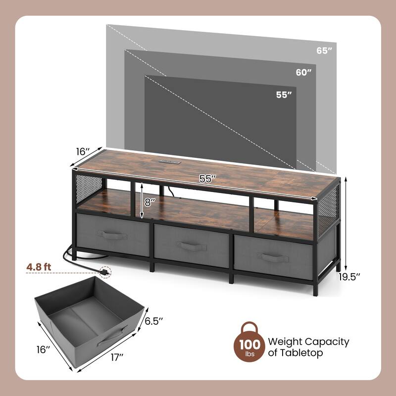55" Entertainment Unit with Power Outlets Storage Drawers and Wood Grain Finish for Bedroom or Living Room - 55" x 16" x 19.5"