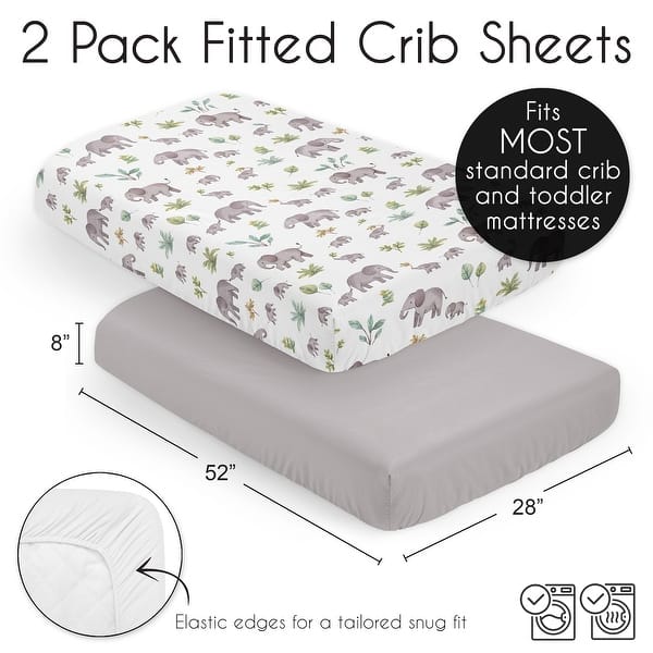 Sweet Jojo Designs Watercolor Elephants Boy Girl Gender Neutral 2 Pack Fitted Crib Sheets Solid Grey and Green Jungle Palm Trees