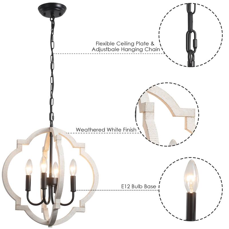 4-Light W16.34" x H78.74" Wooden Lantern Rustic Chandeliers for Dining Room