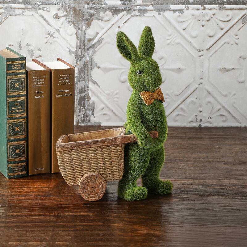 10.75" Resin Mossed Bunny With Cart
