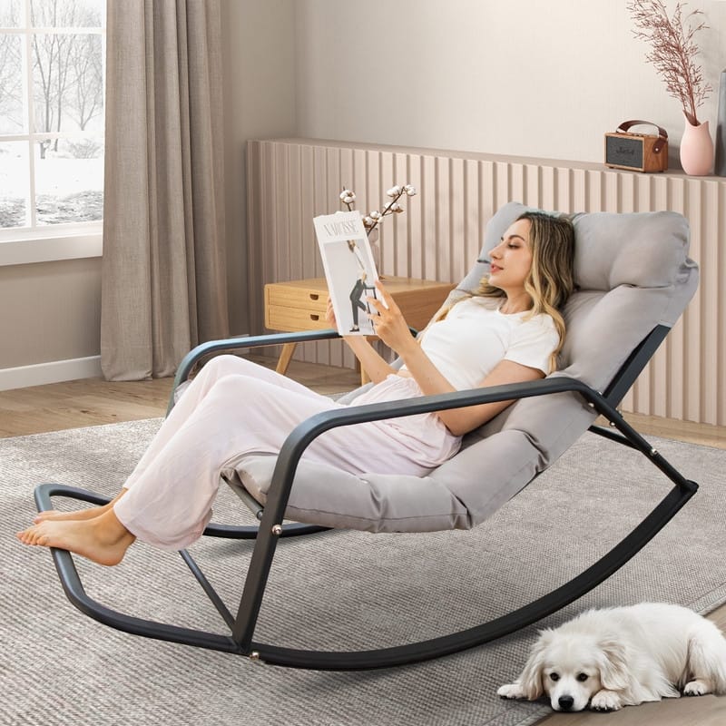 FINCATI Outdoor Patio Oversized Rocking Chair Papasan, Comfy Rocking Lounge Chair, Metal Rocking Chair with Cushion - 1 PC-Light Grey