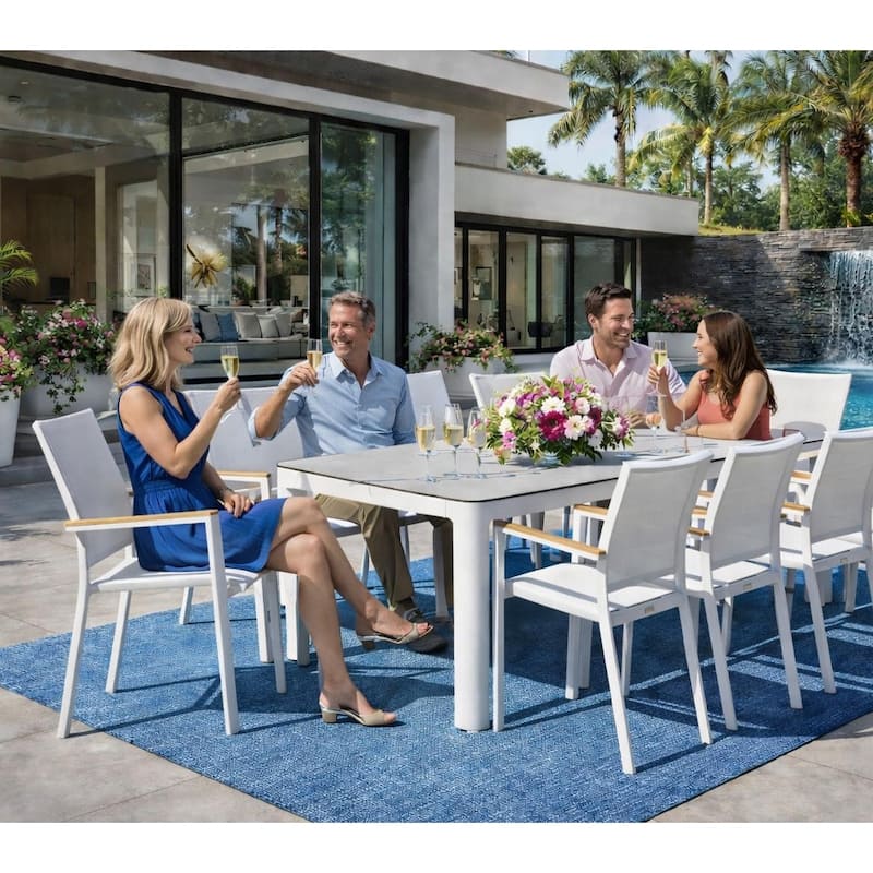 Como White 9-Piece Aluminum Outdoor Dining Set with Sling Set in White - N/A
