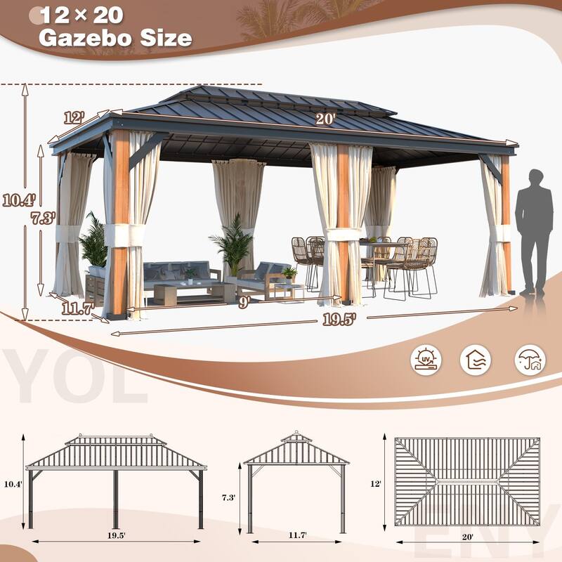 EROMMY Hardtop Gazebo Metal Gazebo with Faux Wood Grain Aluminum Frame, Outdoor Patio Gazebo Pergola