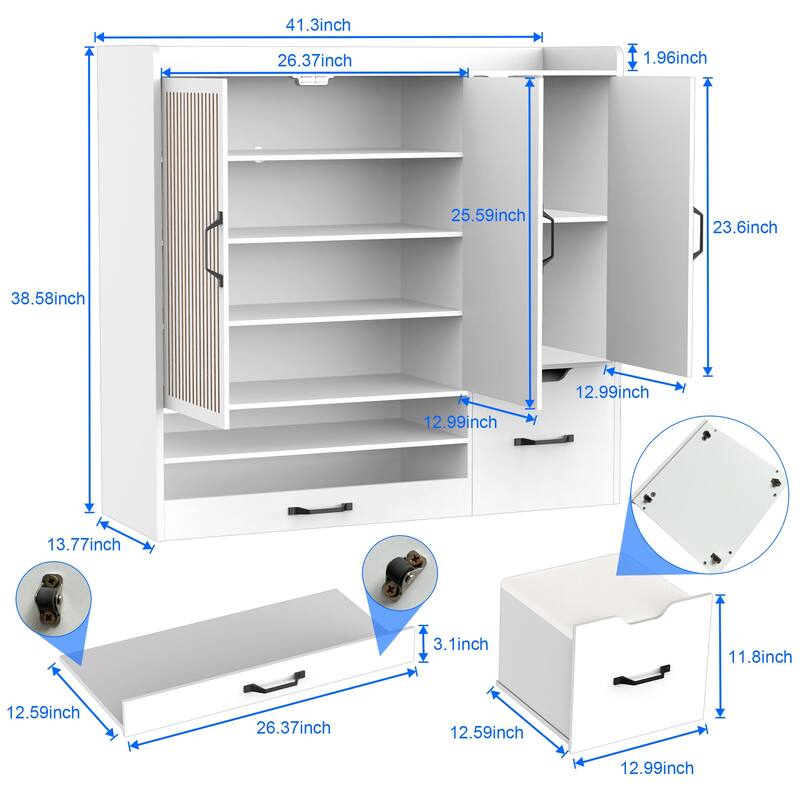 Shoe Cabinet with Adjustable Shelves, Stool & Retractable Toe-Kick Drawer, Freestanding Narrow Shoe Rack Organizer