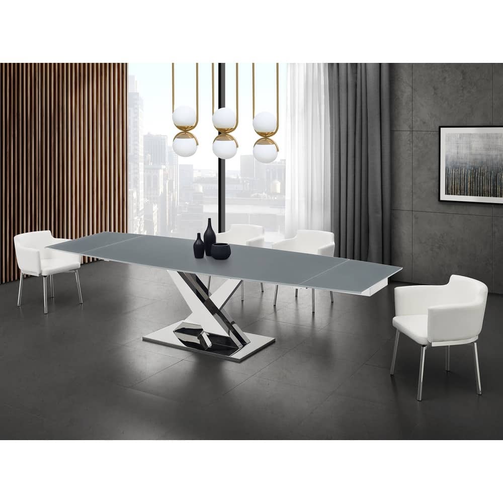 X Base Manual Dining Table with Stainless Base and Clear Top
