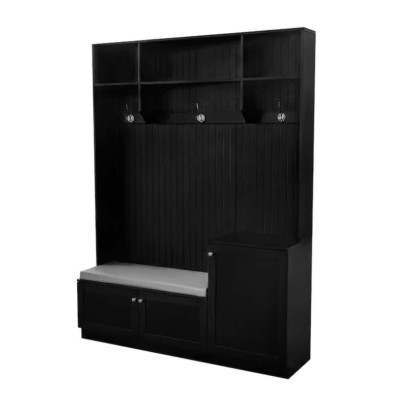 Modern Entryway Hall Tree with Cushioned Storage Bench & Shoe Bench, Tall Coat Rack with Cabinets and Shelves