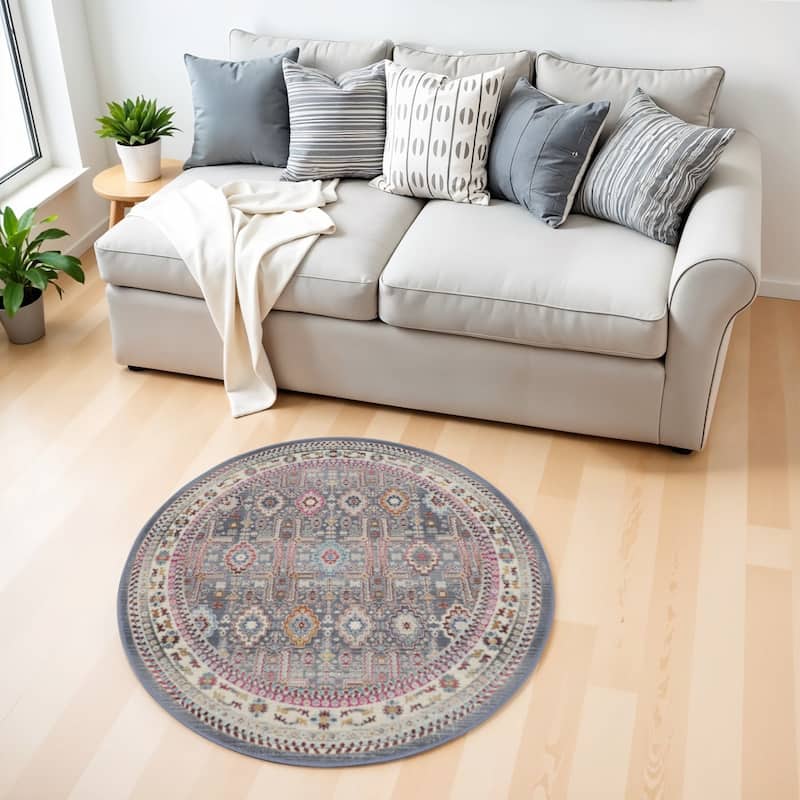 HomeRootsFloral Bohemian Round Area Rug - 48' X '48' X '0.5 - 48' X '48' X '0.5 - Pink/Ivory/Gray