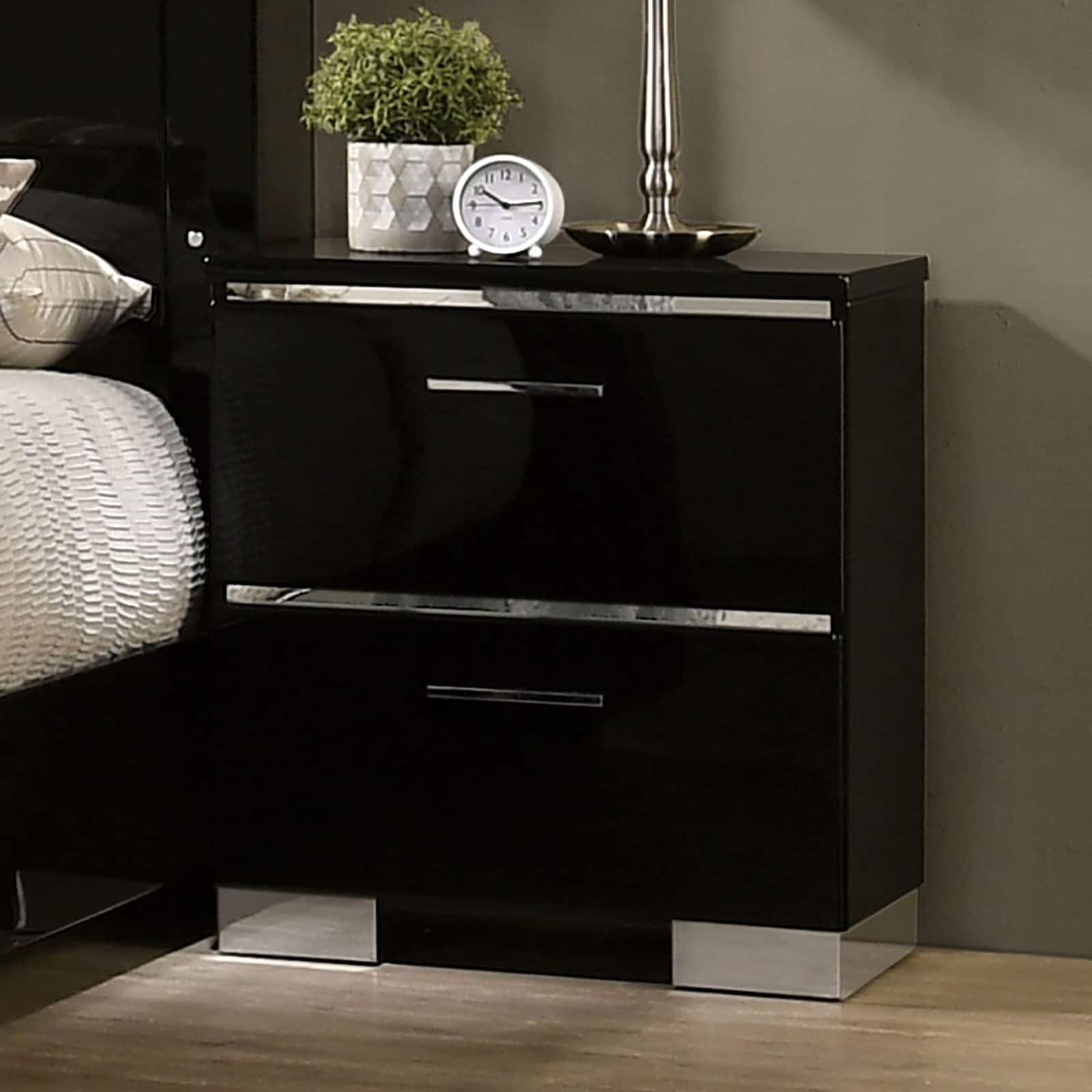 Contemporary 1PC Nightstand Black Color High Gloss Lacquer Coating Chrome Handles and Feet Bedside Table W USB Charger