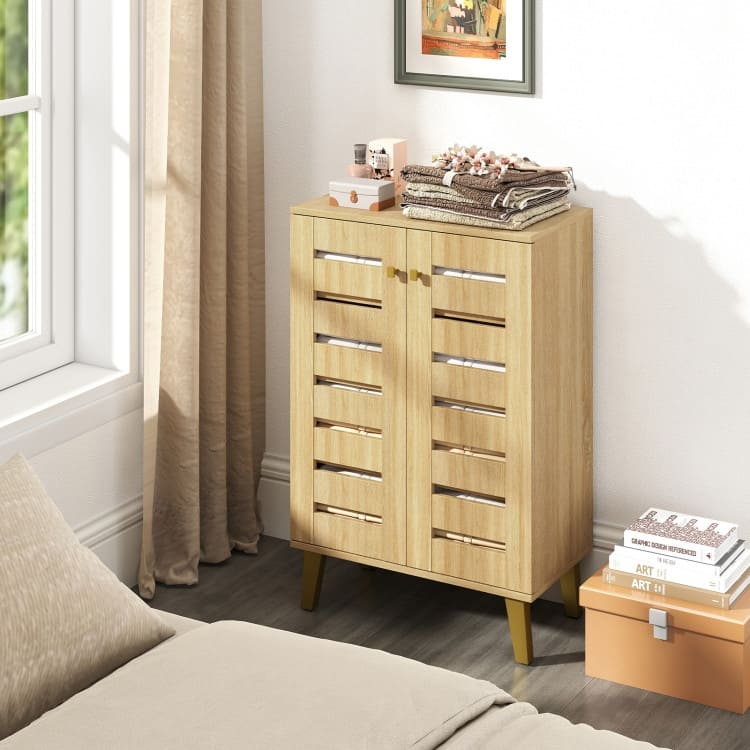 Oak MDF Wooden Shoe Cabinet with Louvered Doors and Removable Shelves - 24" x 13" x 36"