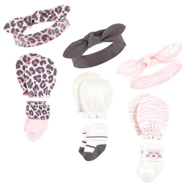 slide 1 of 1, Hudson Baby Infant Girl Caps, Mittens and Socks Set, Leopard, 0-6 Months - Leopard Leopard - 0-6 Months