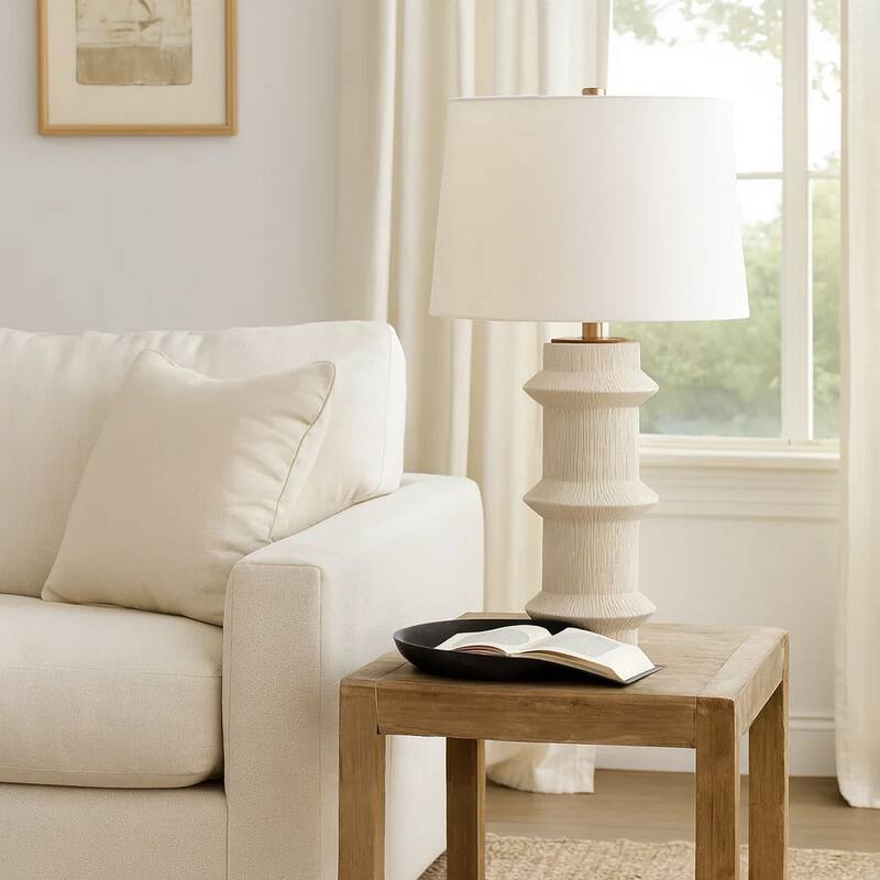 Disy Accent Table Lamp, Linen, Turned Sculptural Polyresin 30 Inch