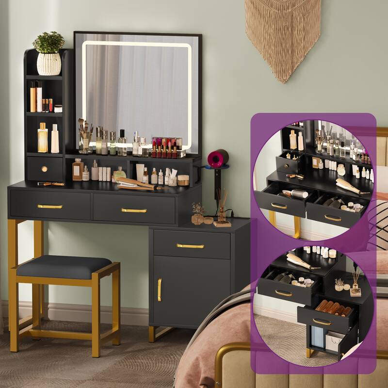 Moasis Multifunction Makeup Vanity with Lights and Charging Station - 53.9'' H X 37.4'' W X 15.3'' D