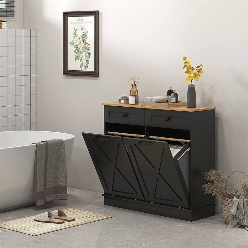 Black Tilt-Out Laundry Cabinet with Dual Hampers & Top Drawers MDF, Compact, Multi-Use - 39.4" L x 13" W x 35.4" H - Black