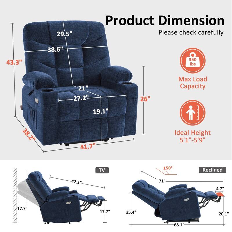 MCombo Wide Power Lift Recliner Chair with Extended Footrest for Big Elderly People, Fabric R7289