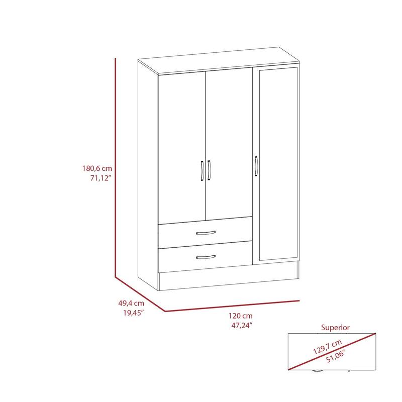 19.4" Modern Mirrored Armoire with Hanging Rod, Two Drawers and Two Interior Shelves