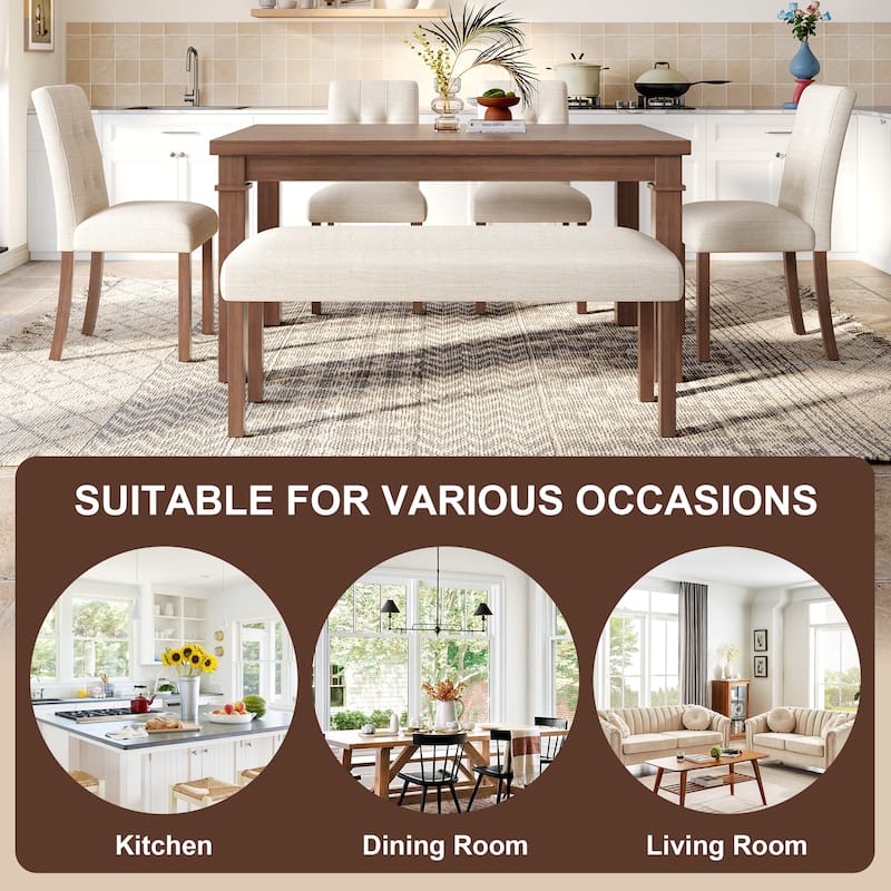 6 Piece Solid Wood Dining Table Set with Rectangle Dining Table, 4 Upholstered Chairs and 1 Bench for Dining Room