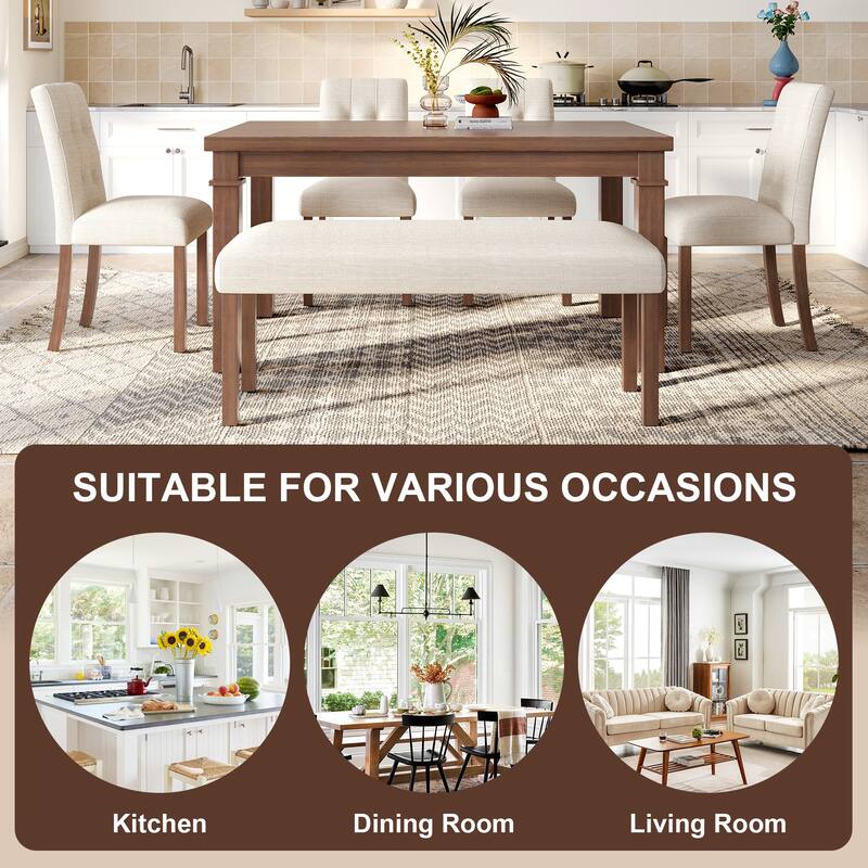 6-Piece Wood Dining Table Set, Modern Kitchen Table Set with 4 Upholstered Chairs and Bench for Living Room