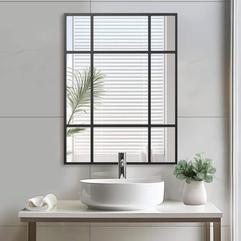 Iron Metal Frame Rectangular Windowpane Wall Mirror Farmhouse Rustic Elegant Decor for Living Room Bedroom Bathroom Entryway