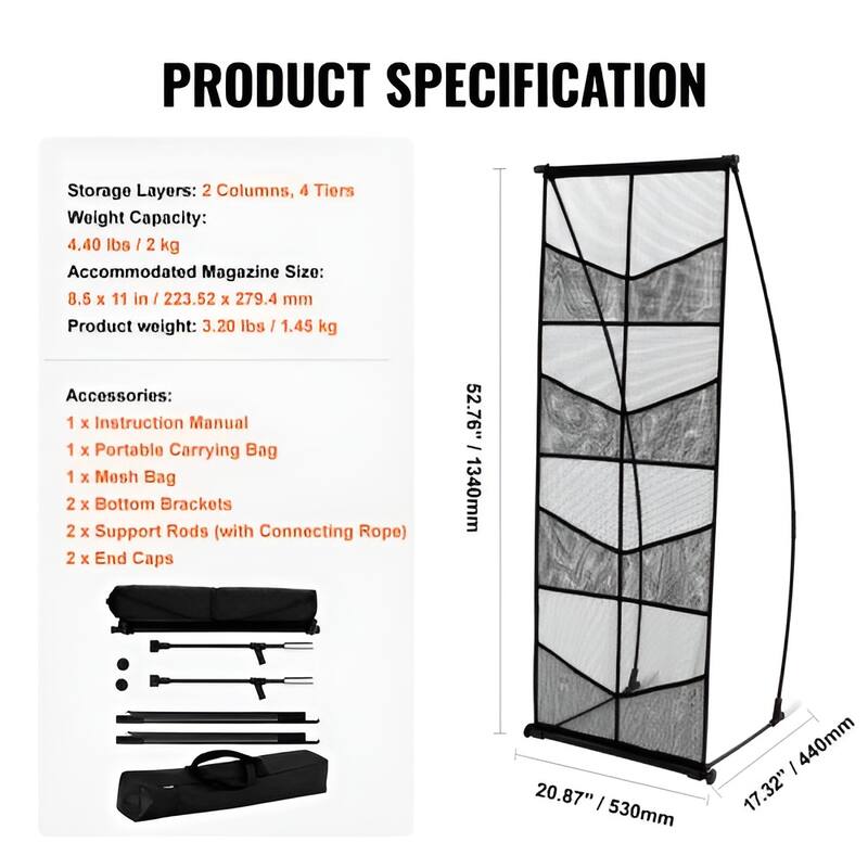 4-Tier Mesh Brochure Display Stand with 8 Pockets, Portable Rack - 20.87 x 17.32 x 52.76 in