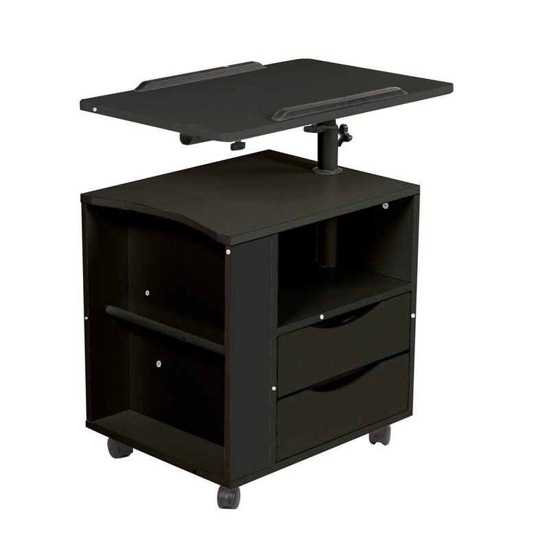 Height Adjustable Overbed End Table Wooden Nightstand with Swivel Top, Storage Drawers, Wheels