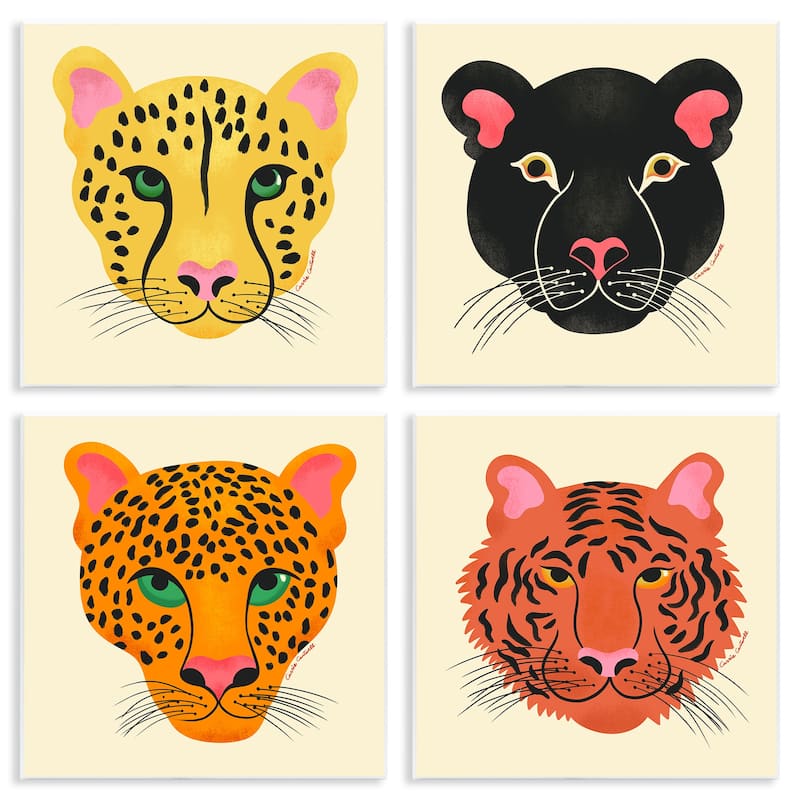 Stupell Modern Jungle Wildlife Faces Wall Plaque Art Design By Carrie Cantwell (Set of 4) - 12 x 12