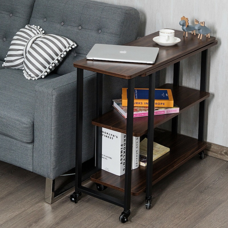 Gymax Walnut Sofa Side Table Rotating Bookcase End Table Patented - See Details