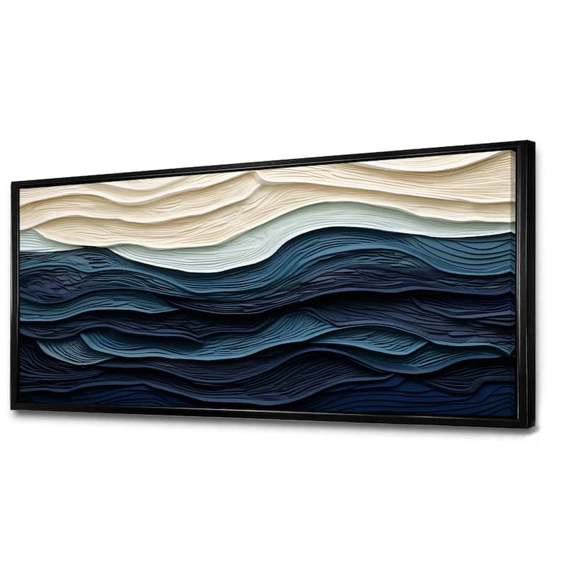 Designart "Blue And White Coastal Wave S Edge" Coastal Minimalism Blue Wall Decor Coastal Living Room Framed Canvas Art