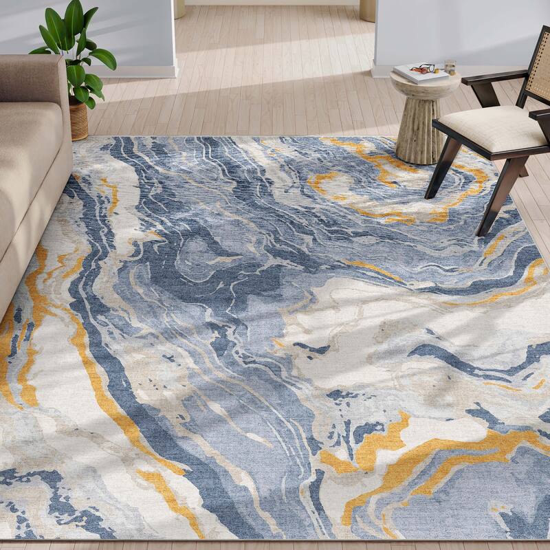 Well Woven Abstract Harmony Modern Boho Marble Flat-Weave Area Rug - 9' 10" x 13' - Blue Gold - Rectangle