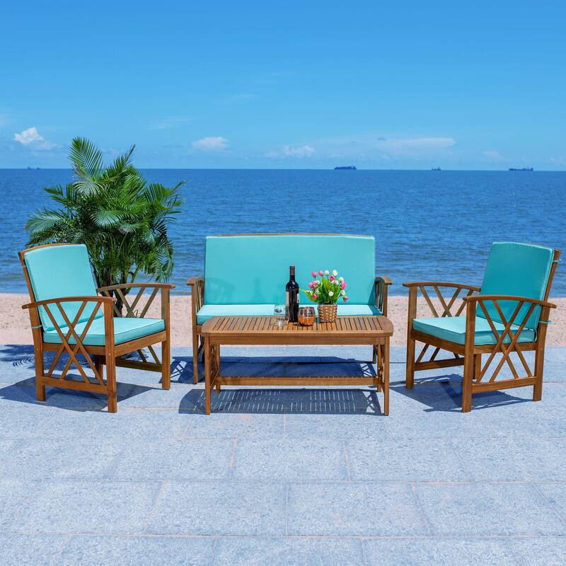 SAFAVIEH Outdoor Fontana 4-piece Acacia Wood Patio Conversation Set - Natural/Aqua