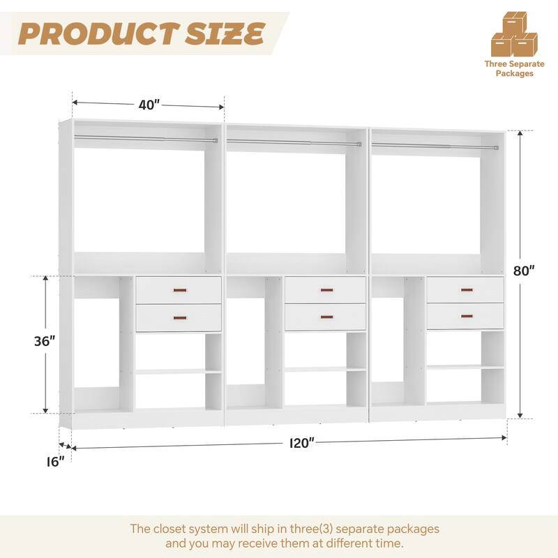 40'' Large Closet System with Shelves and 2 Drawers, Freestanding Closet Organizer with Hanging Rods
