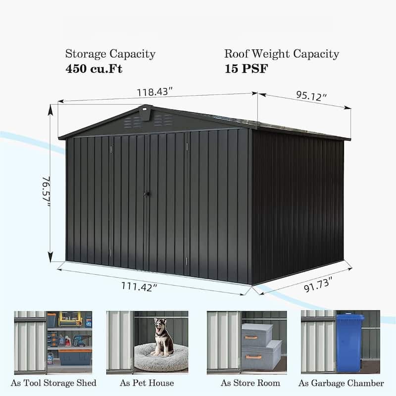 Outdoor Storage Shed 10'x 8',Metal Garden Shed for Bike,Trash Can,Tools,Galvanized Steel Outdoor Cabinet,Lockable Door(10x8ft)