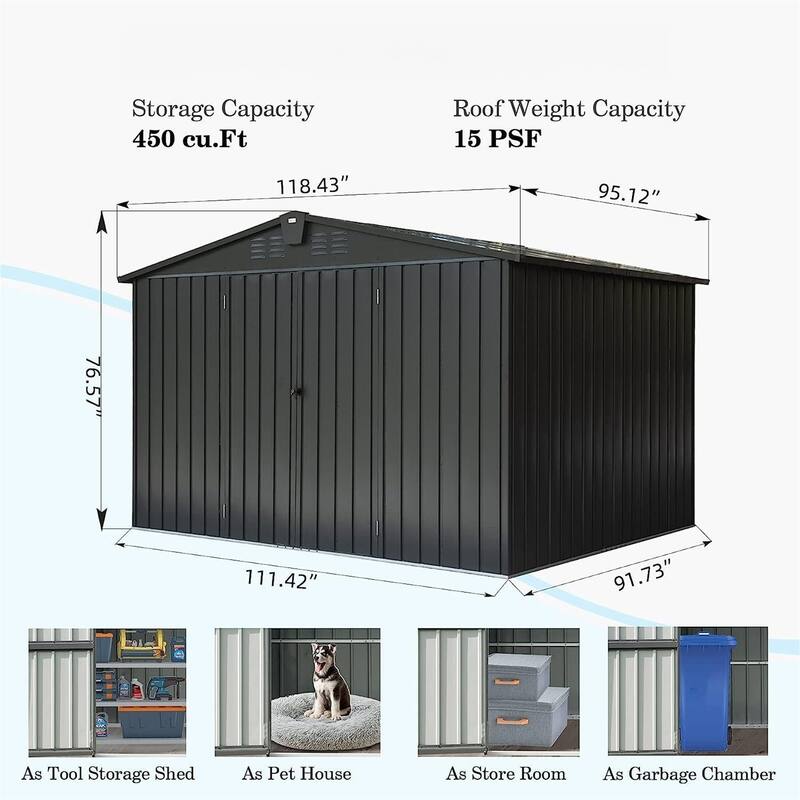 Rustproof Metal Garden Shed Storage Shed with Lockable Double Doors & Arch Roof Tool Shed, Water-Resistant Sloped Roof